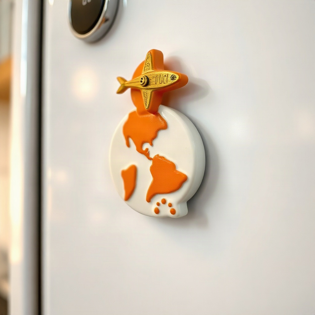 Ceramic travel magnet on a fridge door