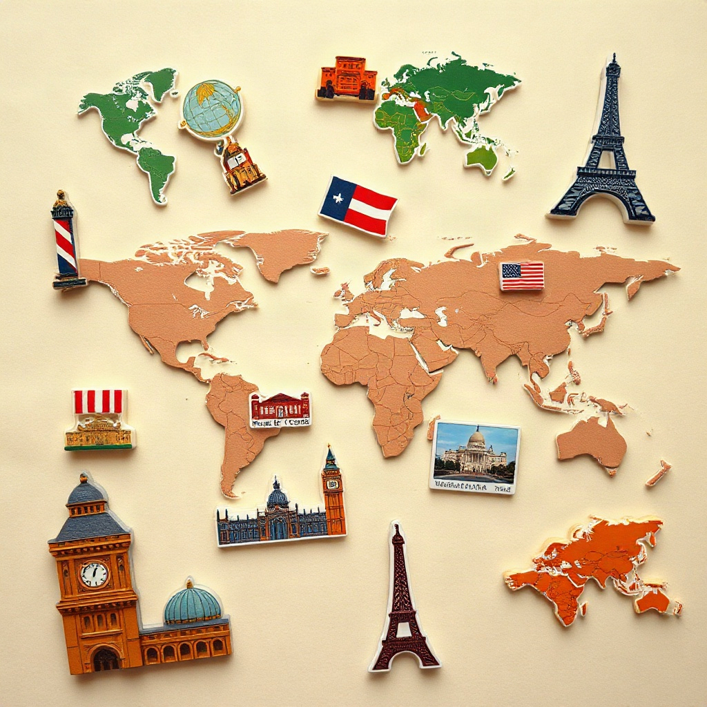 Flat lay of travel magnets from different cities