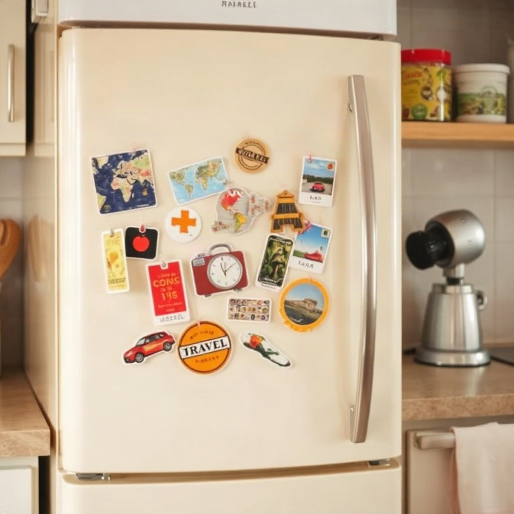 Kitchen fridge with a tilted magnet collection