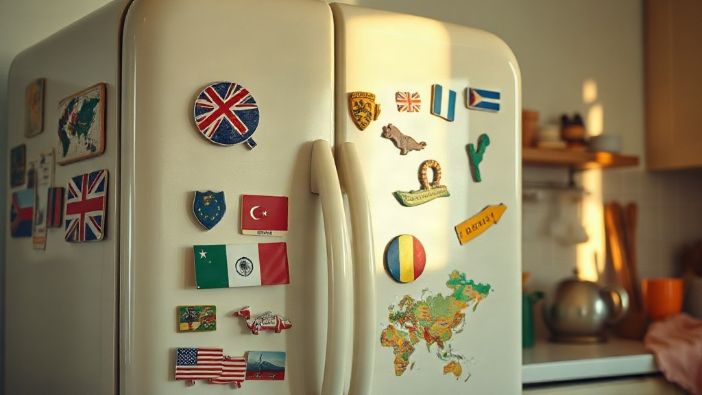 Fridge door covered with travel souvenir magnets